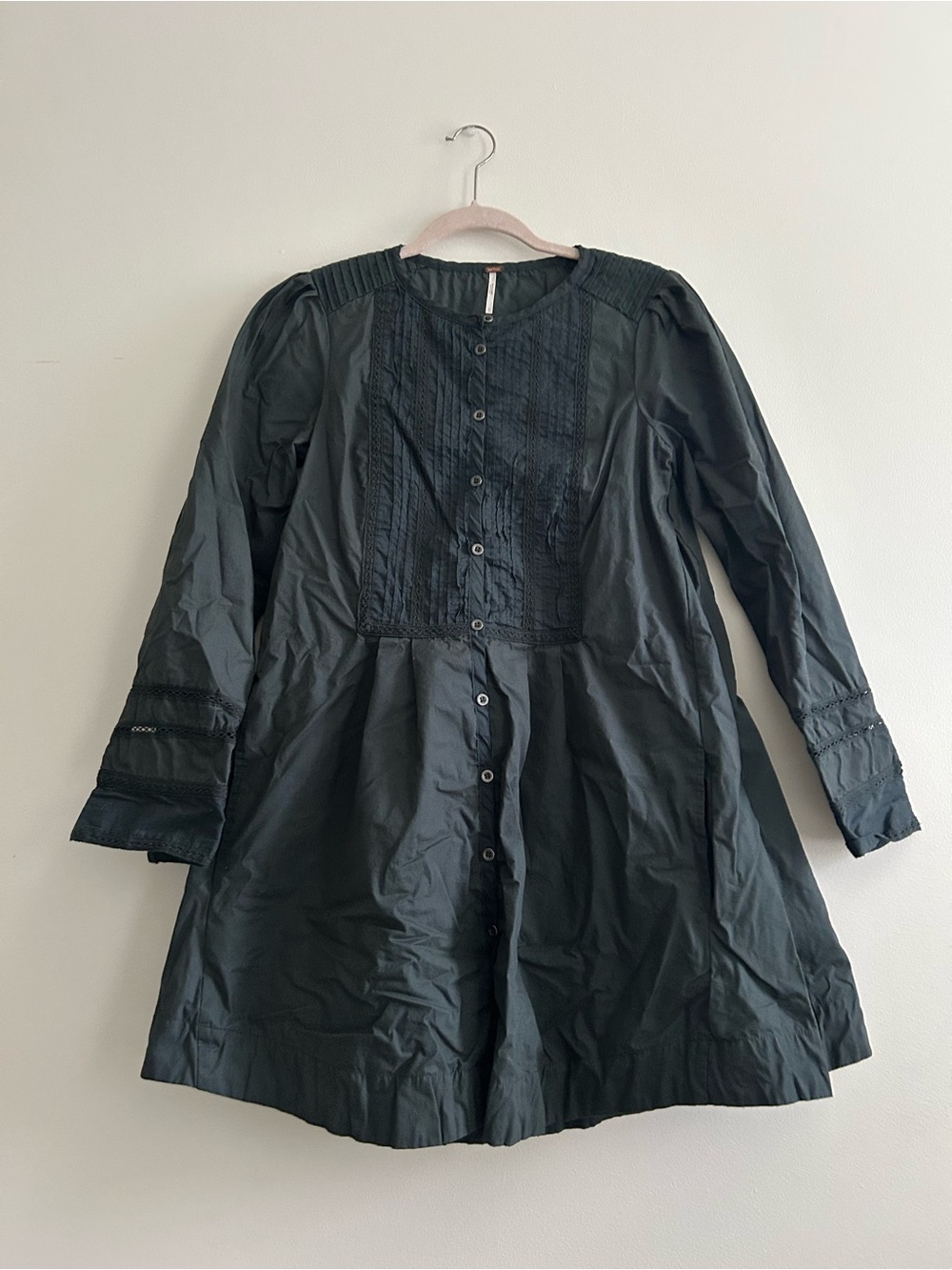 Free People Womens Charcoal Lace Button-Front Long Sleeve Babydoll Dress